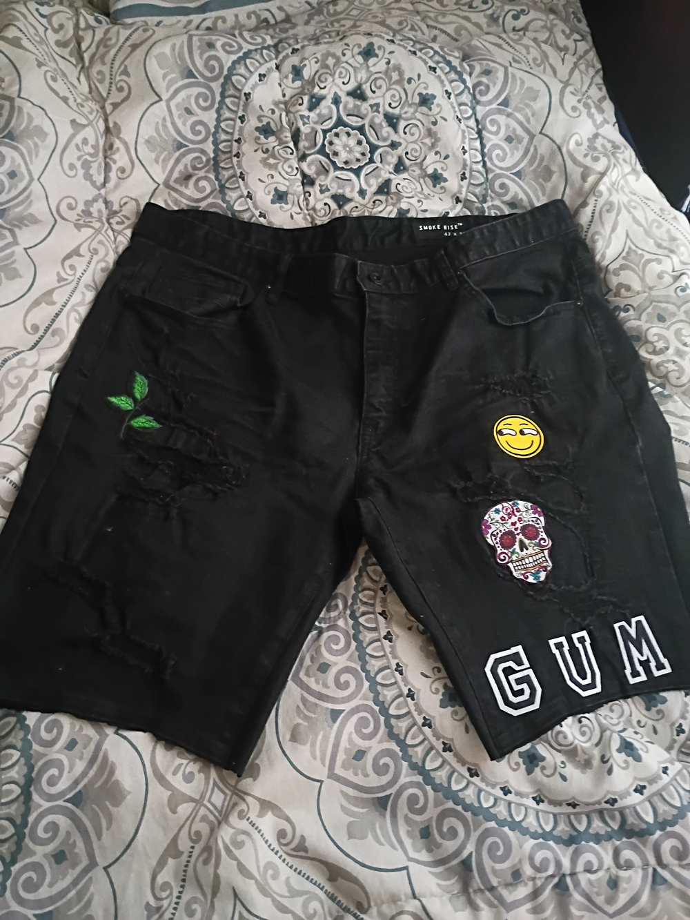Black Men’s Distressed Patch Shorts with Embroidered Accents